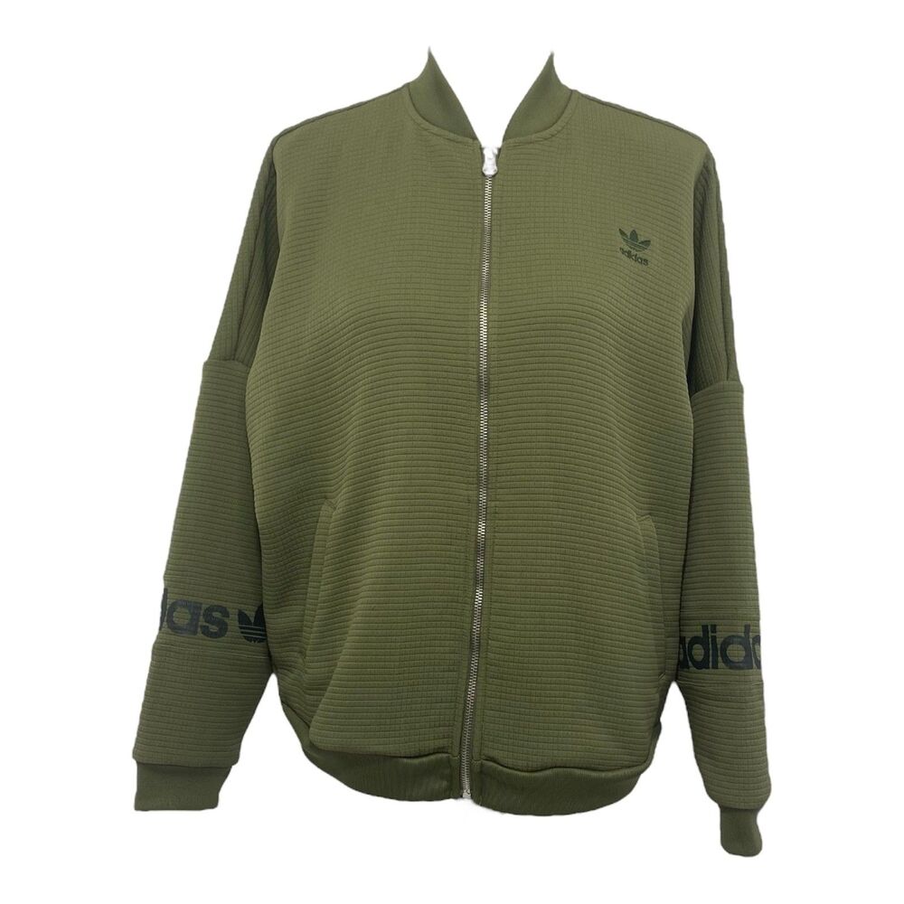 Adidas Originals Bomber Jacket Womens Large Olive Green Full Zip Logo Streetwear